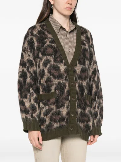R13 Leopard Cardigan Long Sleeves V Neck Pockets In Black