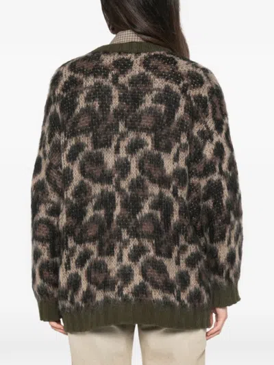 R13 Leopard Cardigan Long Sleeves V Neck Pockets In Black
