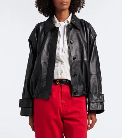 Rohe Leather Jacket Collared Neck Elasticated Hem In Black