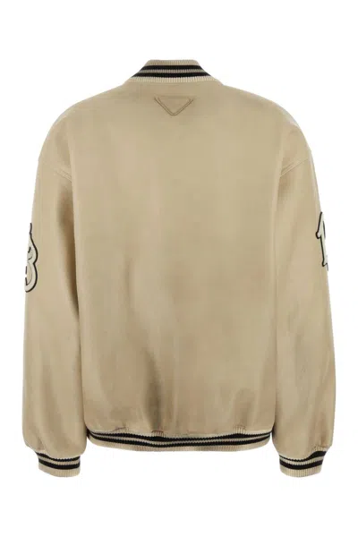 Prada Ivory Leather Bomber Jacket In Neutral