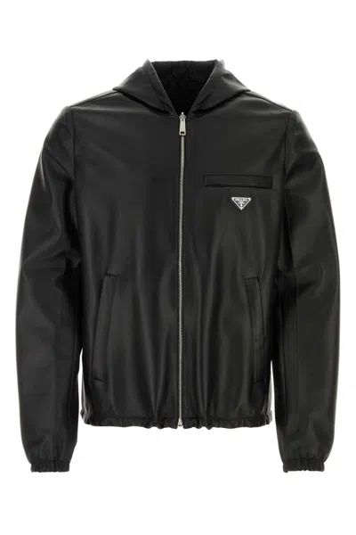Prada Hooded Lightweight Jacket Front Pockets In Black