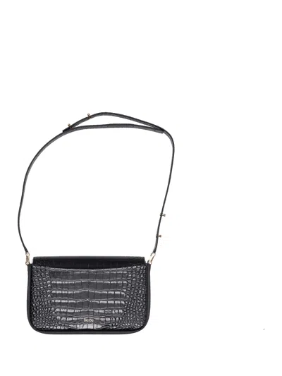 Patou Crocodile Texture Shoulder Bag With Adjustable Strap In Black