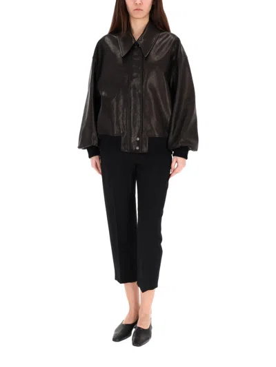 Khaite Shelman Leather Bomber Jacket In Black