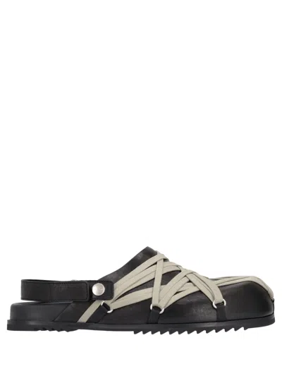 Rick Owens Men Black Mules With Oversize Decorative Laces And Buckle Closure In Leather Man In Black