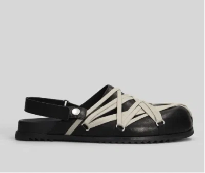 Rick Owens Men Black Mules With Oversize Decorative Laces And Buckle Closure In Leather Man In Black