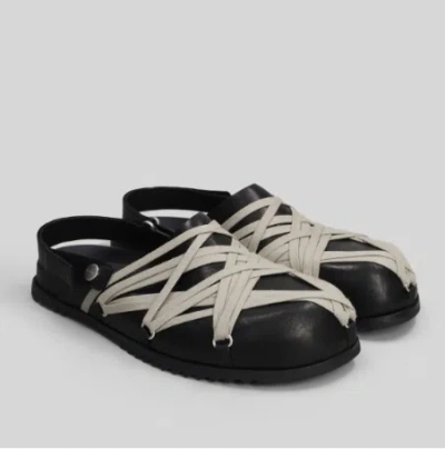 Rick Owens Men Black Mules With Oversize Decorative Laces And Buckle Closure In Leather Man In Black