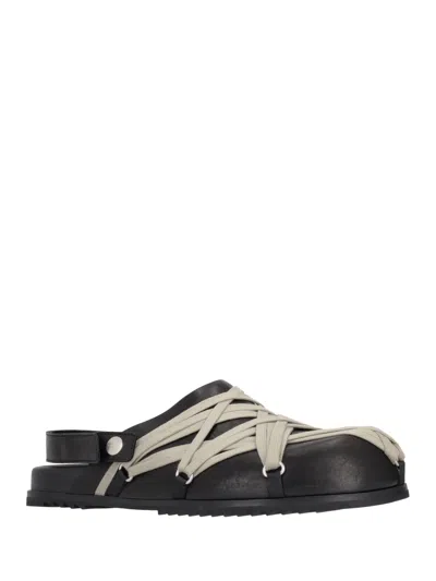 Rick Owens Men Black Mules With Oversize Decorative Laces And Buckle Closure In Leather Man In Black