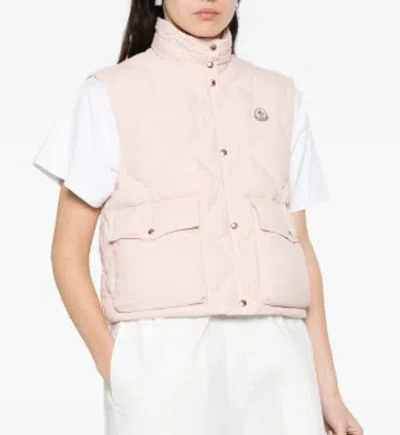 Moncler Biois Down Gilet Stand Collar Zigzag Quilted Technical Fabric In Pink