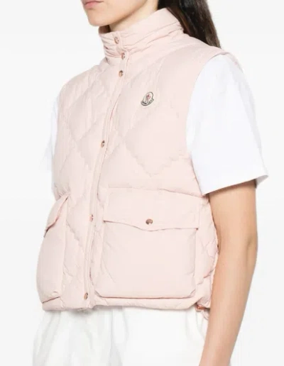 Moncler Biois Down Gilet Stand Collar Zigzag Quilted Technical Fabric In Pink