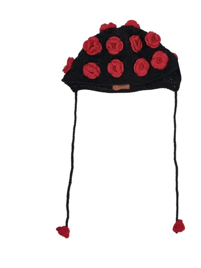 Alanui Grunge Roses Bonnet Hat Charcoal/ruby In Red