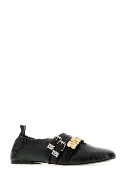Ganni Printed Synthetic Leather Ballerinas With Rubber Sole In Black