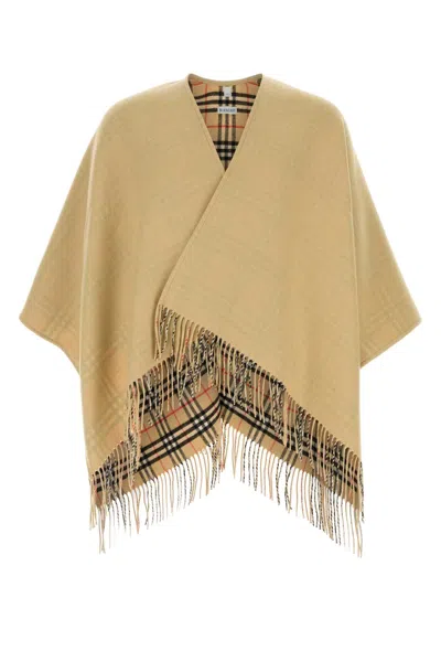 Burberry Wool Reversible Cape Mid Length Check Fringe In Nude