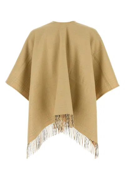 Burberry Wool Reversible Cape Mid Length Check Fringe In Nude