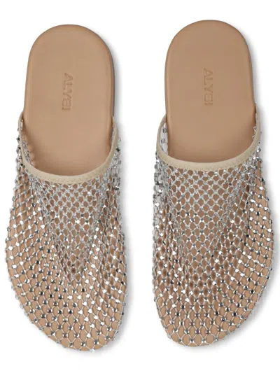 Alysi Mesh Rhinestone Polyester Slip On Mules In Brown