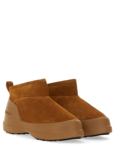Moon Boot Suede Ankle Boots With Plush Fur Lining And Textured Sole In Brown