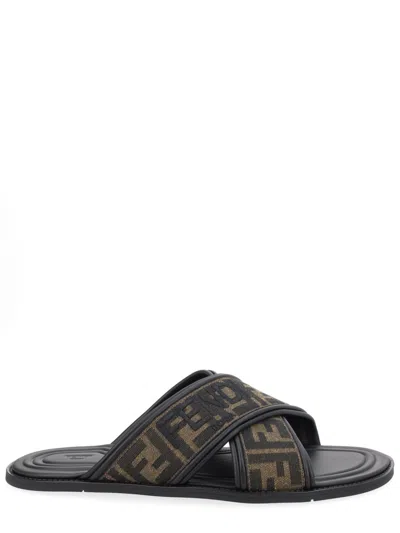 Fendi Logo-embroidered Slides In Brown