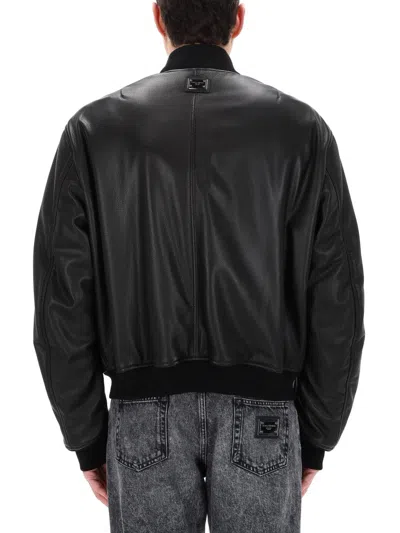 Dolce & Gabbana Black Lear Bomber Jacket In Black