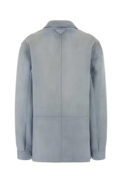 Prada Suede Jacket Long Sleeves Collar Pockets In Blue