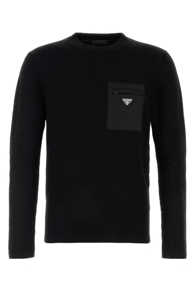 Prada Knit Top Long Sleeves Chest Pocket Ribbed In Black