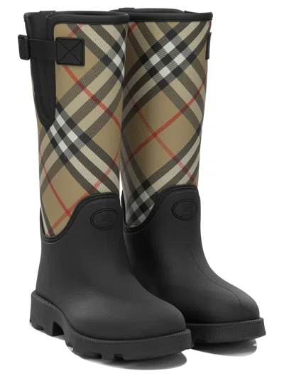 Burberry Woven Check Rain Boots With Adjustable Buckle And Equestrian Design In Black