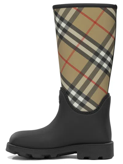 Burberry Woven Check Rain Boots With Adjustable Buckle And Equestrian Design In Black