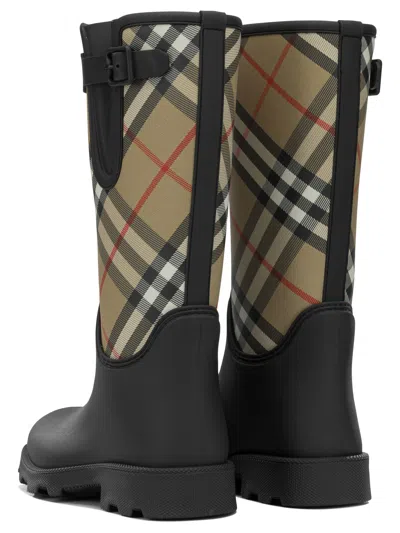 Burberry Woven Check Rain Boots With Adjustable Buckle And Equestrian Design In Black