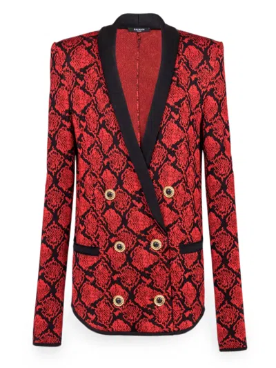 Balmain Double-breasted Shawl-collar Python Knit Blazer Jacket In Brown