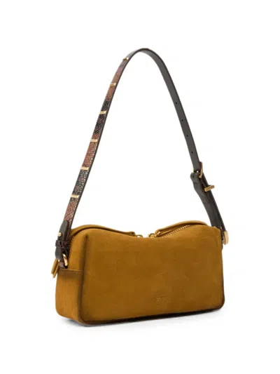 Pinko Rectangular Mini Suede Shoulder Bag With Textured Strap In Brown