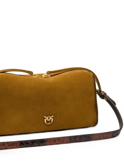 Pinko Rectangular Mini Suede Shoulder Bag With Textured Strap In Brown