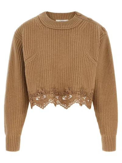 Chloé Pullover Corto Con Collo A Lupetto In Maglia Di Lana E Cashmere Con Pizzo In Brown