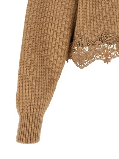 Chloé Pullover Corto Con Collo A Lupetto In Maglia Di Lana E Cashmere Con Pizzo In Brown