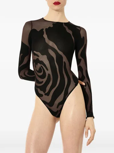 Wolford Rose-pattern Circular-knit Bodysuit In Brown