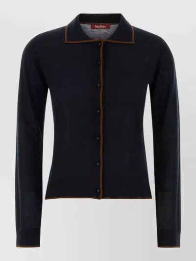 Mm Studio Silk Blend Targo Cardigan Collared Contrast Trim In Blue