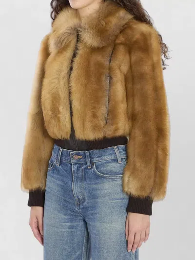 Saint Laurent Shearling Bomber Jacket Cropped Fur Texture In Brown