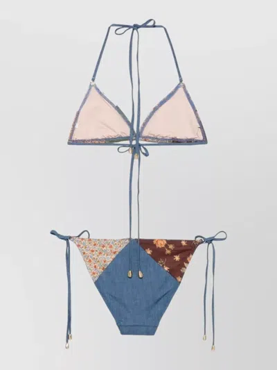 Zimmermann Lucky Patchwork Floral-print Cotton And Chambray Triangle Bikini In Multi