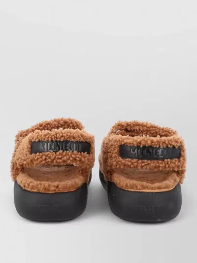 Moon Boot Shearling Double Strap Flat Sole Sandals In Brown