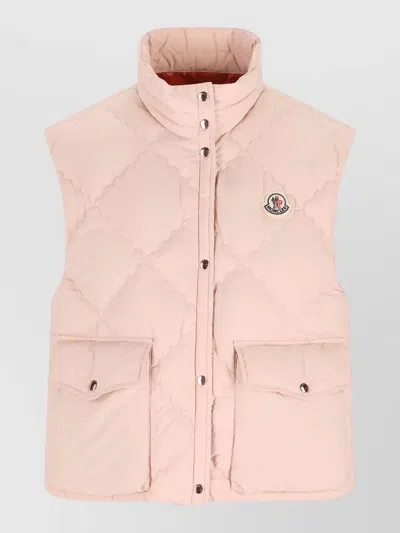 Moncler Biois Down Gilet Stand Collar Zigzag Quilted Technical Fabric In Pink
