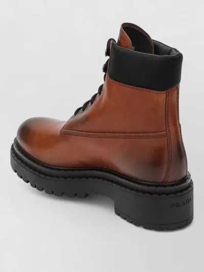 Prada Cognac-coloured Ankle Boots In Leather And Re-nylon In Brown