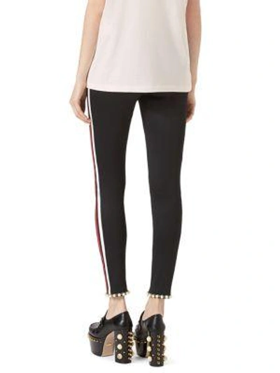 Shop Gucci Faux Pearl-trim Striped Tech Jersey Leggings In Black-white Stripe