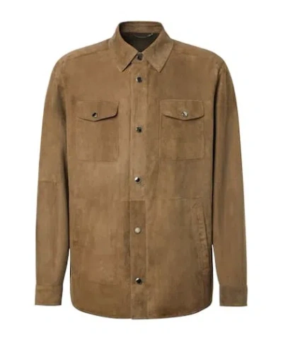 Canali Solid Suede Overshirt In Brown