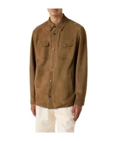 Canali Solid Suede Overshirt In Brown