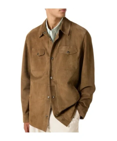 Canali Solid Suede Overshirt In Brown