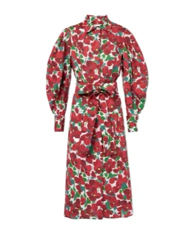 Carolina Herrera Belted Floral-print Cotton-blend Poplin Midi Shirt Dress In Red