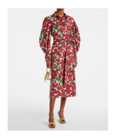 Carolina Herrera Belted Floral-print Cotton-blend Poplin Midi Shirt Dress In Red