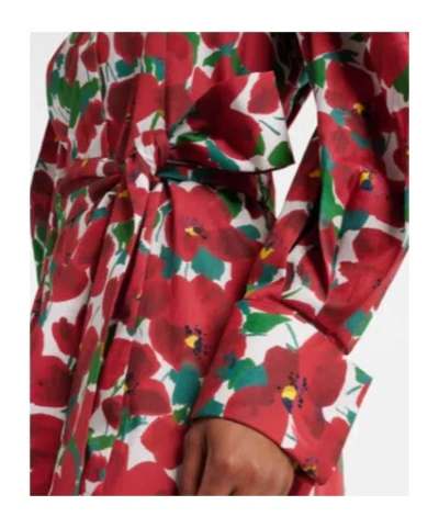 Carolina Herrera Belted Floral-print Cotton-blend Poplin Midi Shirt Dress In Red