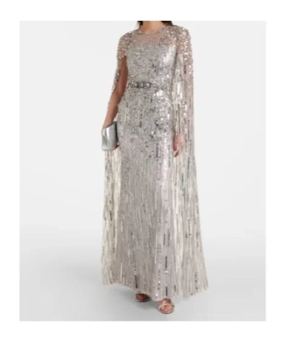 Jenny Packham Ruby Caped Sequined Gown In Gray