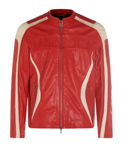 Diesel Colour-block Leather Biker Jacket In Red