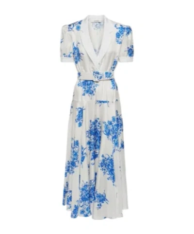Rodarte White And Blue Floral Printed Silk Twill Collared Dress With Belt Detail Blue In Multi
