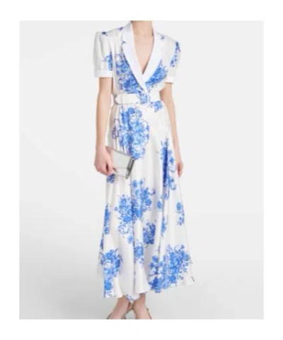 Rodarte White And Blue Floral Printed Silk Twill Collared Dress With Belt Detail Blue In Multi