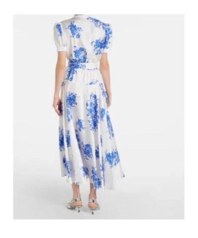 Rodarte White And Blue Floral Printed Silk Twill Collared Dress With Belt Detail Blue In Multi